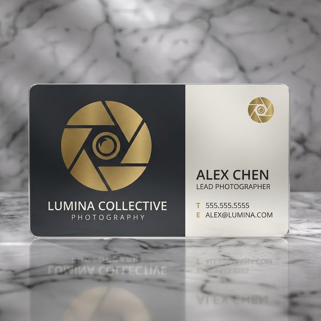 Frosted translucent plastic business card featuring a split-panel design with a gold camera aperture logo, charcoal and cream palette, and modern sans-serif typography