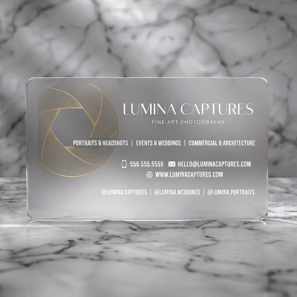 Frosted translucent plastic business card featuring a minimalist dark grey card with a golden aperture logo, clean white typography, and simple icons