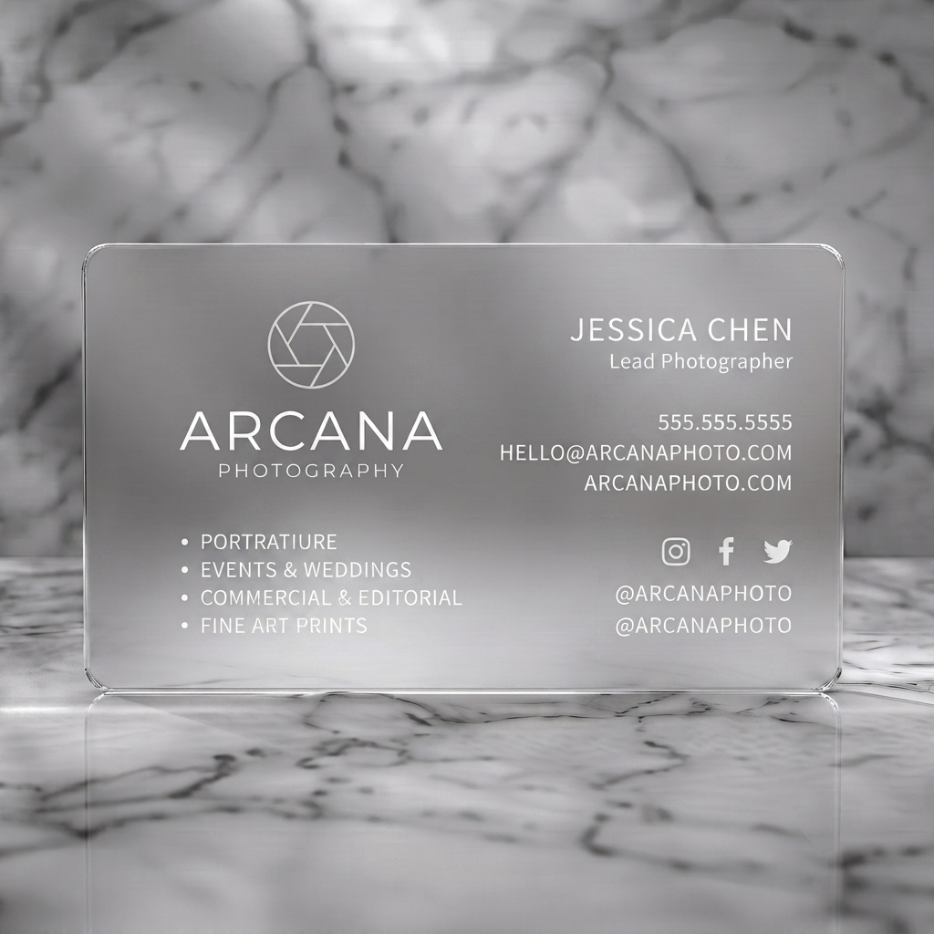 Frosted translucent plastic business card featuring a minimalist black and white design, camera aperture logo, modern sans-serif fonts, and social icons