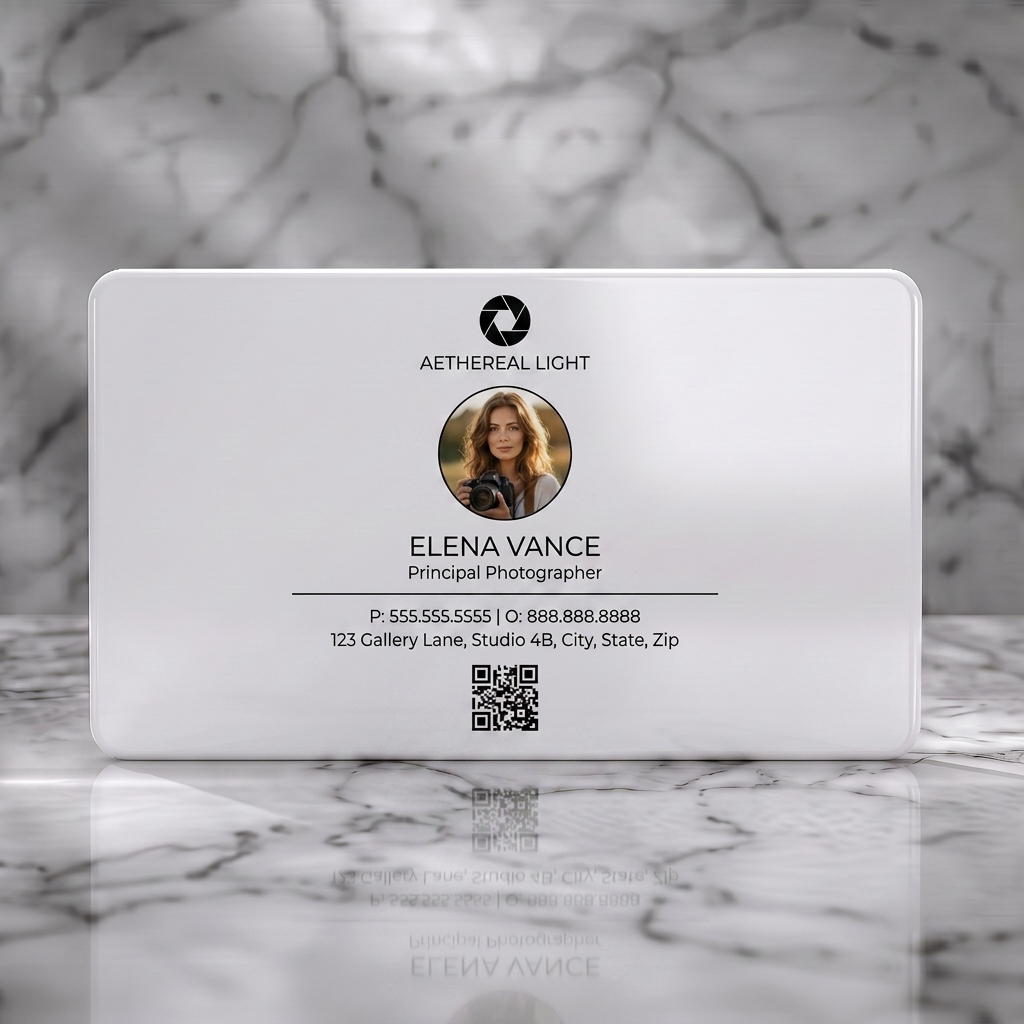 Solid white PVC business card featuring modern, minimalist design with black text, a prominent circular portrait, aperture logo, and QR code