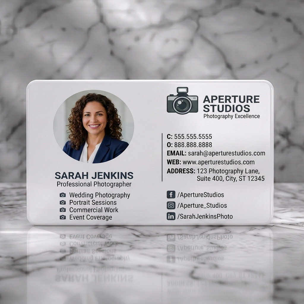 Solid white PVC business card featuring a professional portrait, camera logo, white and dark grey typography, and social media icons