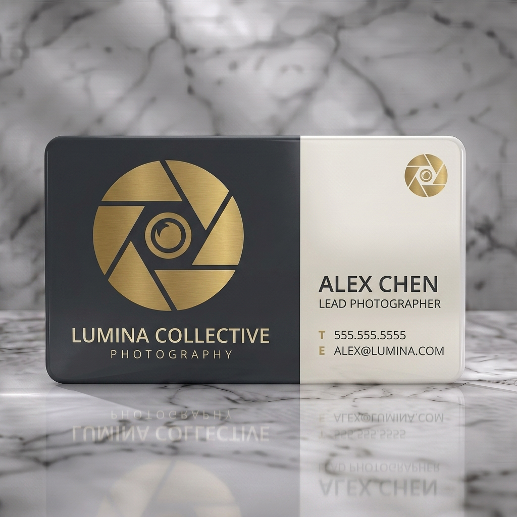 Solid white PVC business card featuring a split-panel design with a gold camera aperture logo, charcoal and cream palette, and modern sans-serif typography