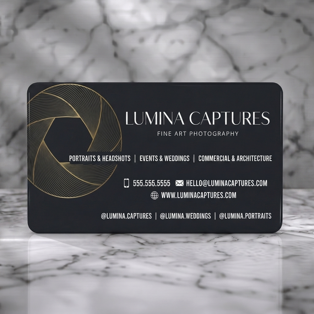 Solid white PVC business card featuring a minimalist dark grey card with a golden aperture logo, clean white typography, and simple icons