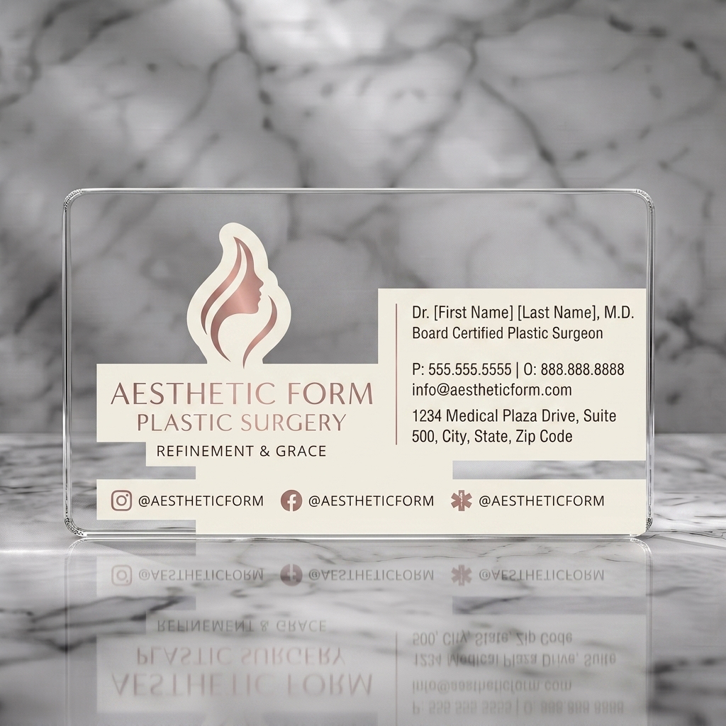 Clear plastic business card featuring modern cream design featuring a rose gold profile logo, sans-serif typography, and taupe social icons