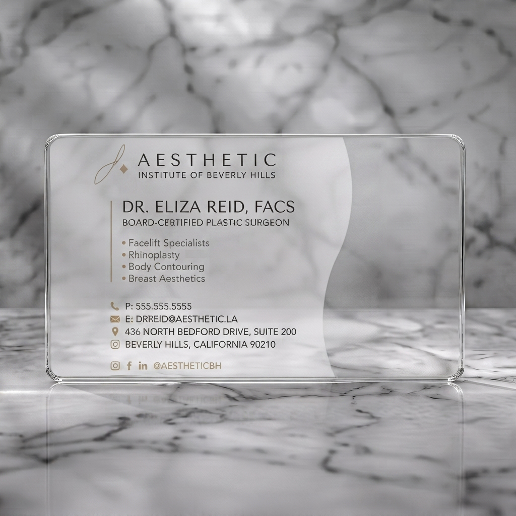 Clear plastic business card featuring gold accents, elegant sans-serif typography, and minimalist line icons on a clean, modern layout