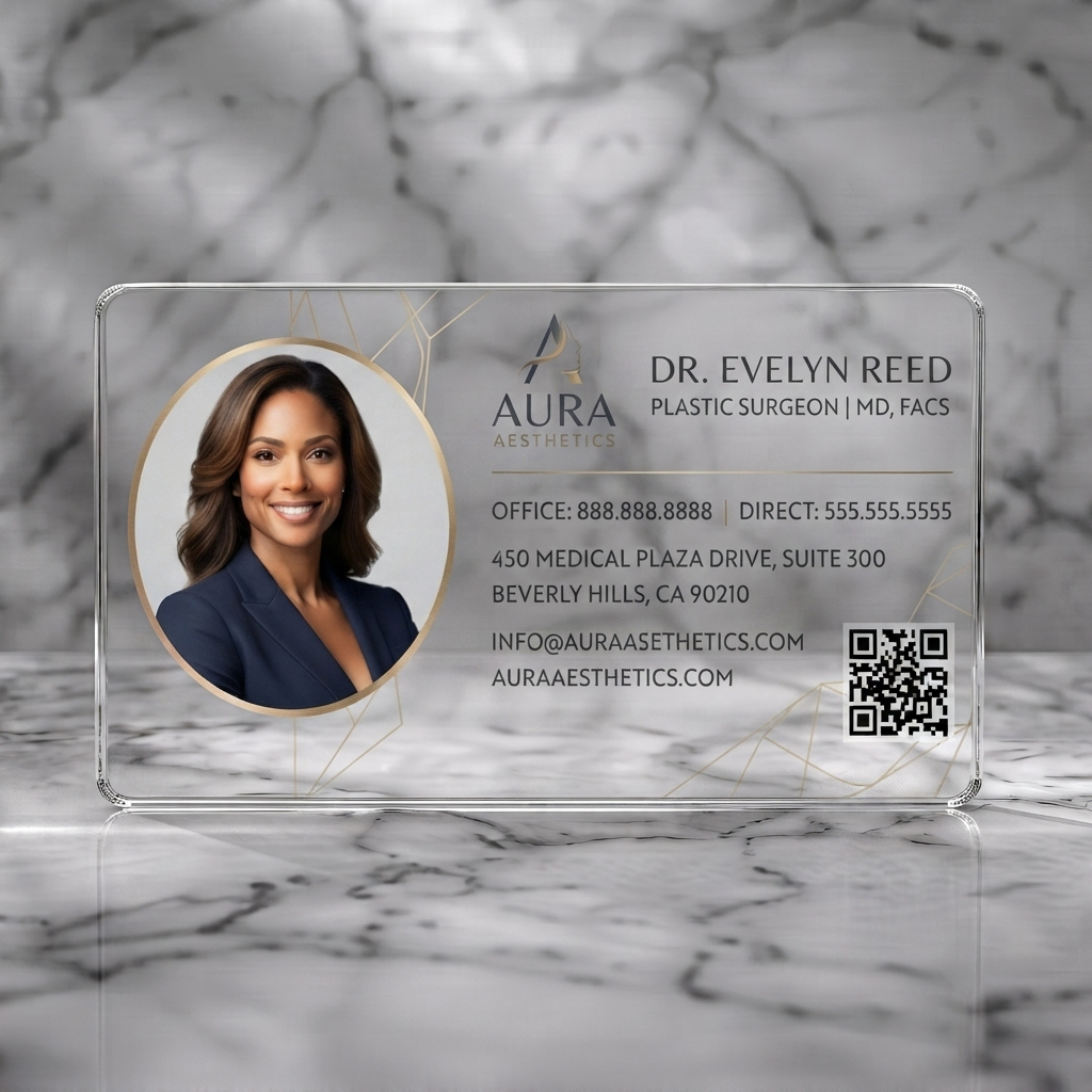 Clear plastic business card featuring elegant cream & gold design, geometric lines, doctor's photo, Aura Aesthetics logo, clean typography