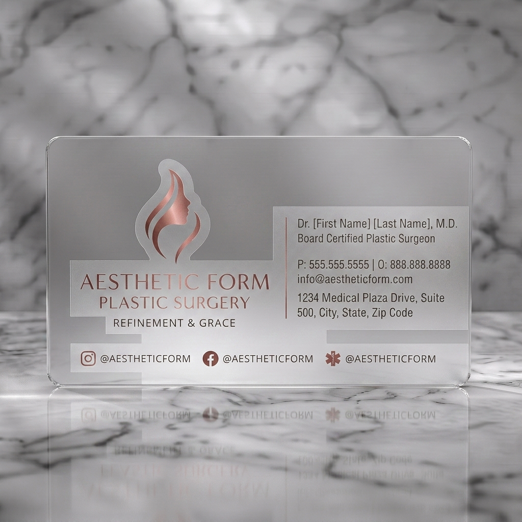 Frosted translucent plastic business card featuring modern cream design featuring a rose gold profile logo, sans-serif typography, and taupe social icons