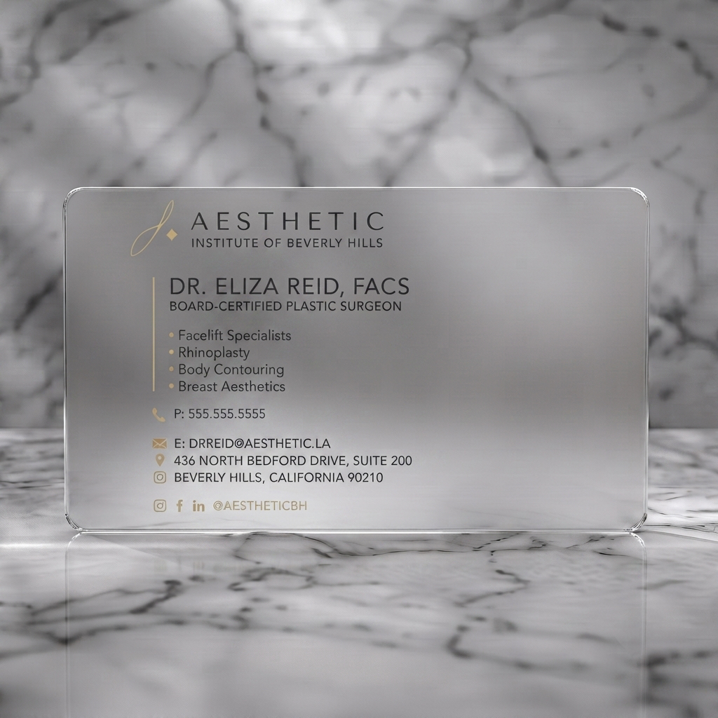 Frosted translucent plastic business card featuring gold accents, elegant sans-serif typography, and minimalist line icons on a clean, modern layout