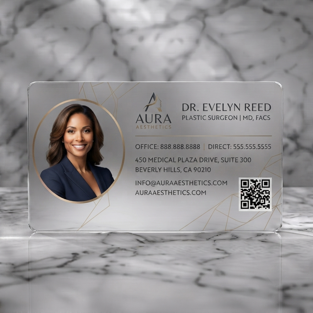 Frosted translucent plastic business card featuring elegant cream & gold design, geometric lines, doctor's photo, Aura Aesthetics logo, clean typography