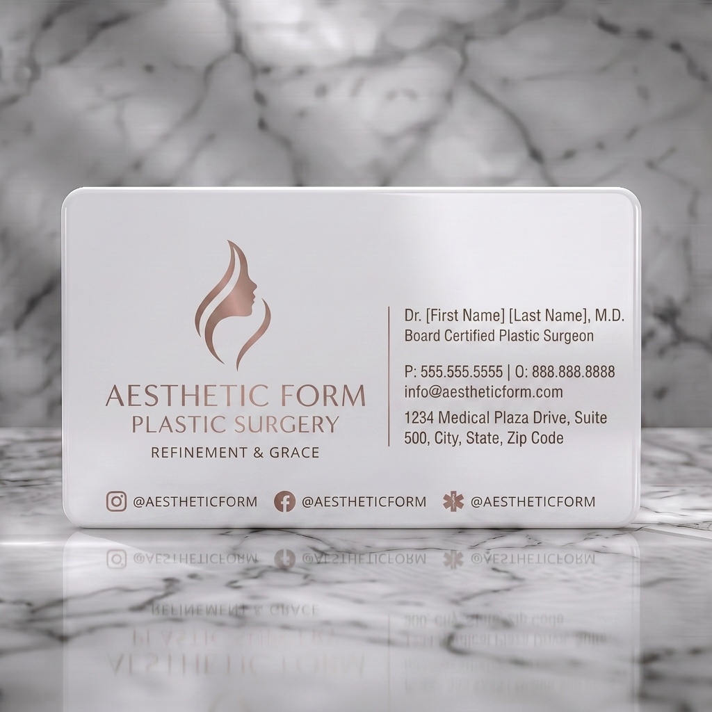 Solid white PVC business card featuring modern cream design featuring a rose gold profile logo, sans-serif typography, and taupe social icons