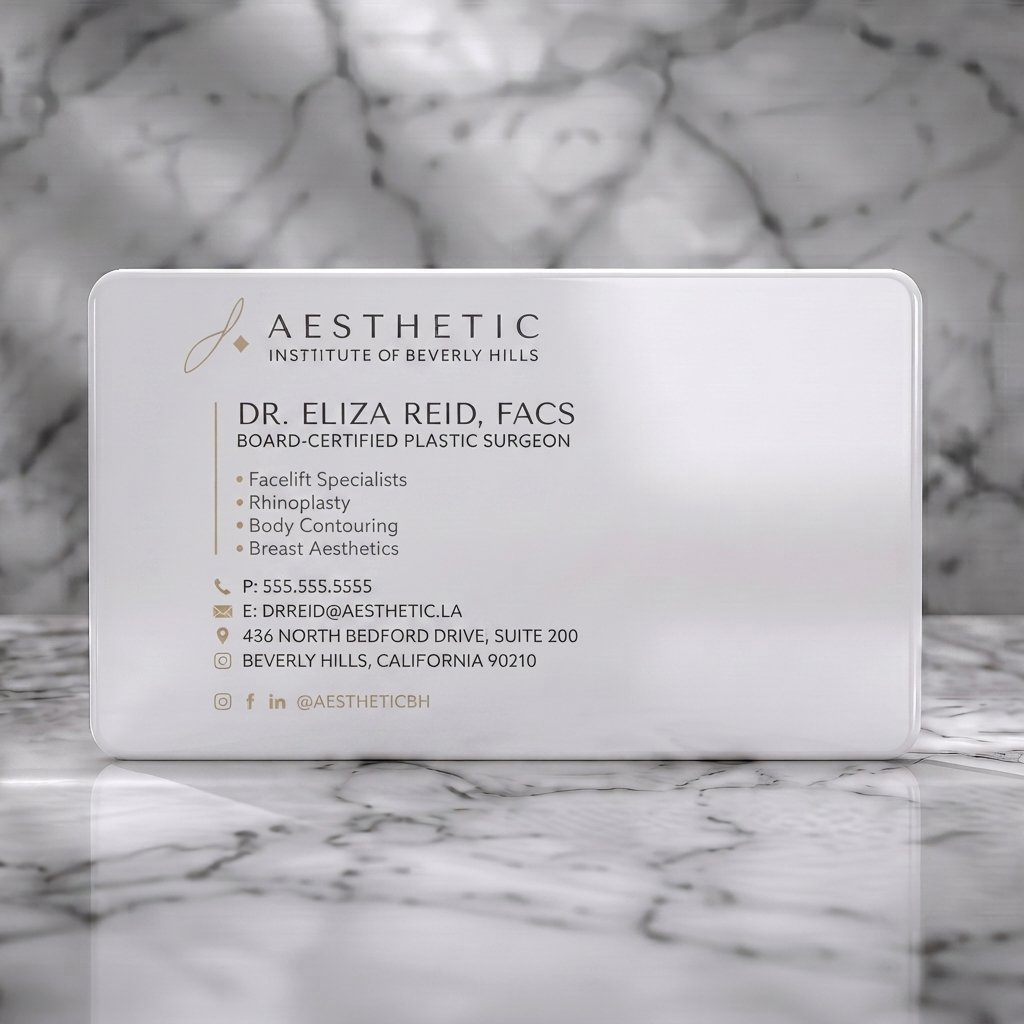 Solid white PVC business card featuring gold accents, elegant sans-serif typography, and minimalist line icons on a clean, modern layout