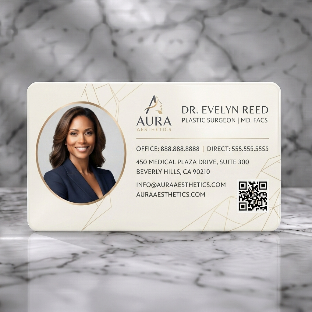 Solid white PVC business card featuring elegant cream & gold design, geometric lines, doctor's photo, Aura Aesthetics logo, clean typography