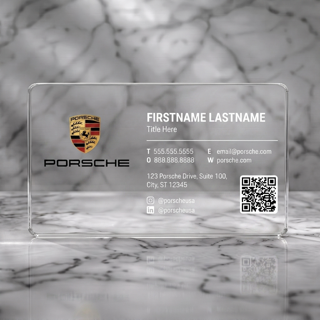 Clear plastic business card featuring porsche logo, sleek black and white design, modern sans-serif typography, social media icons, and QR code