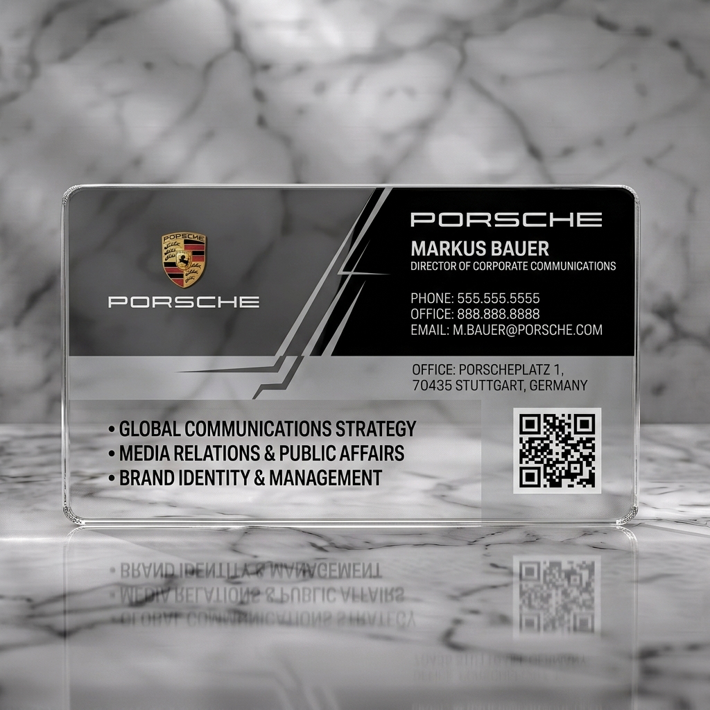 Clear plastic business card featuring modern grey and white design with Porsche logos, clean typography, dynamic lines, and a QR code