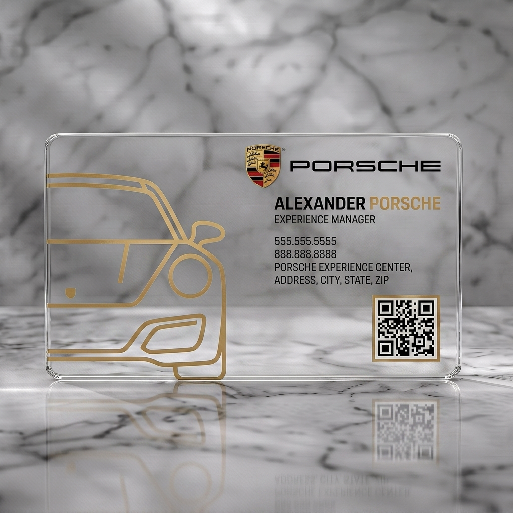 Clear plastic business card featuring porsche logo, elegant gold outline car graphic, modern black & gold typography, and a QR code