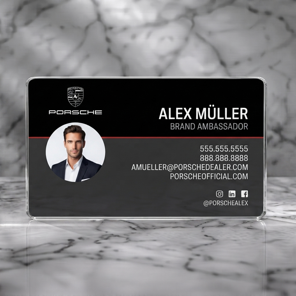 Clear plastic business card featuring a sleek black and dark gray layout, red accent line, white text, Porsche logo, profile photo, social icons