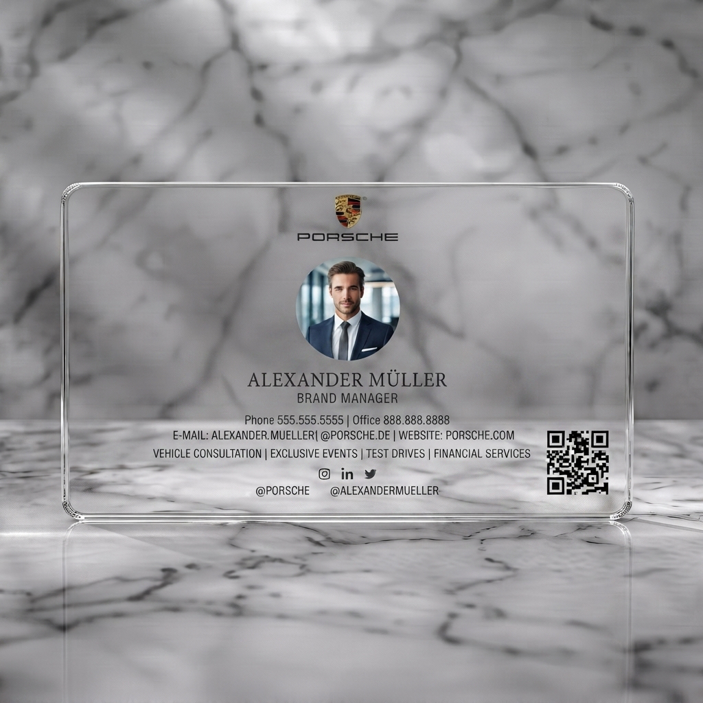 Clear plastic business card featuring a clean, professional layout with Porsche branding, elegant typography, social icons, and a QR code