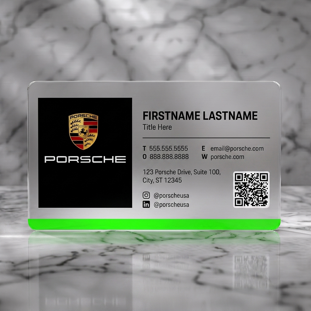 Frosted translucent plastic business card featuring porsche logo, sleek black and white design, modern sans-serif typography, social media icons, and QR code