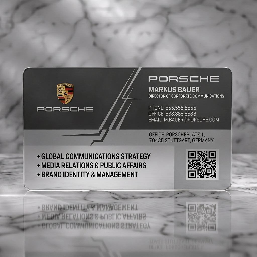 Frosted translucent plastic business card featuring modern grey and white design with Porsche logos, clean typography, dynamic lines, and a QR code