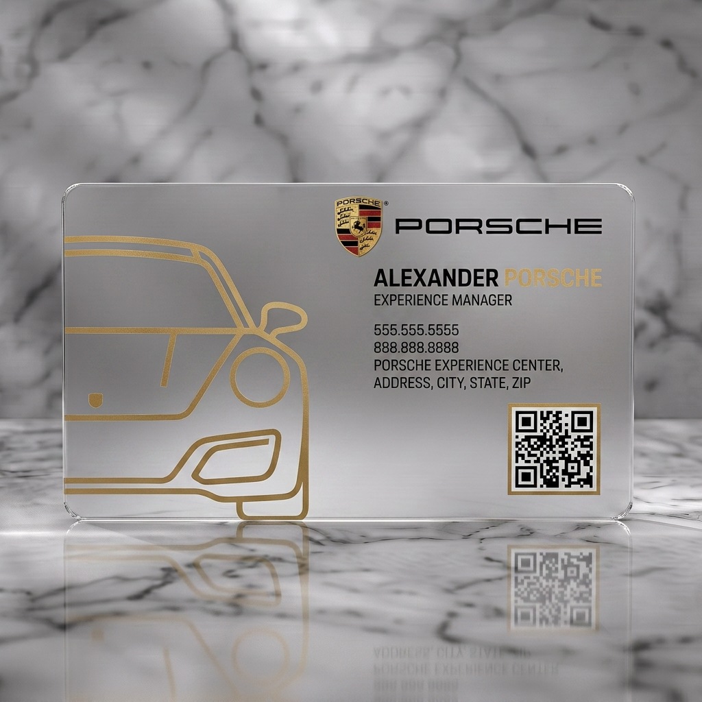 Frosted translucent plastic business card featuring porsche logo, elegant gold outline car graphic, modern black & gold typography, and a QR code