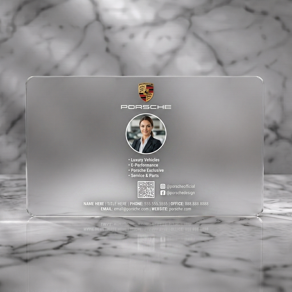 Frosted translucent plastic business card featuring porsche logo, clean layout, white text, employee photo, QR code, and social media icons