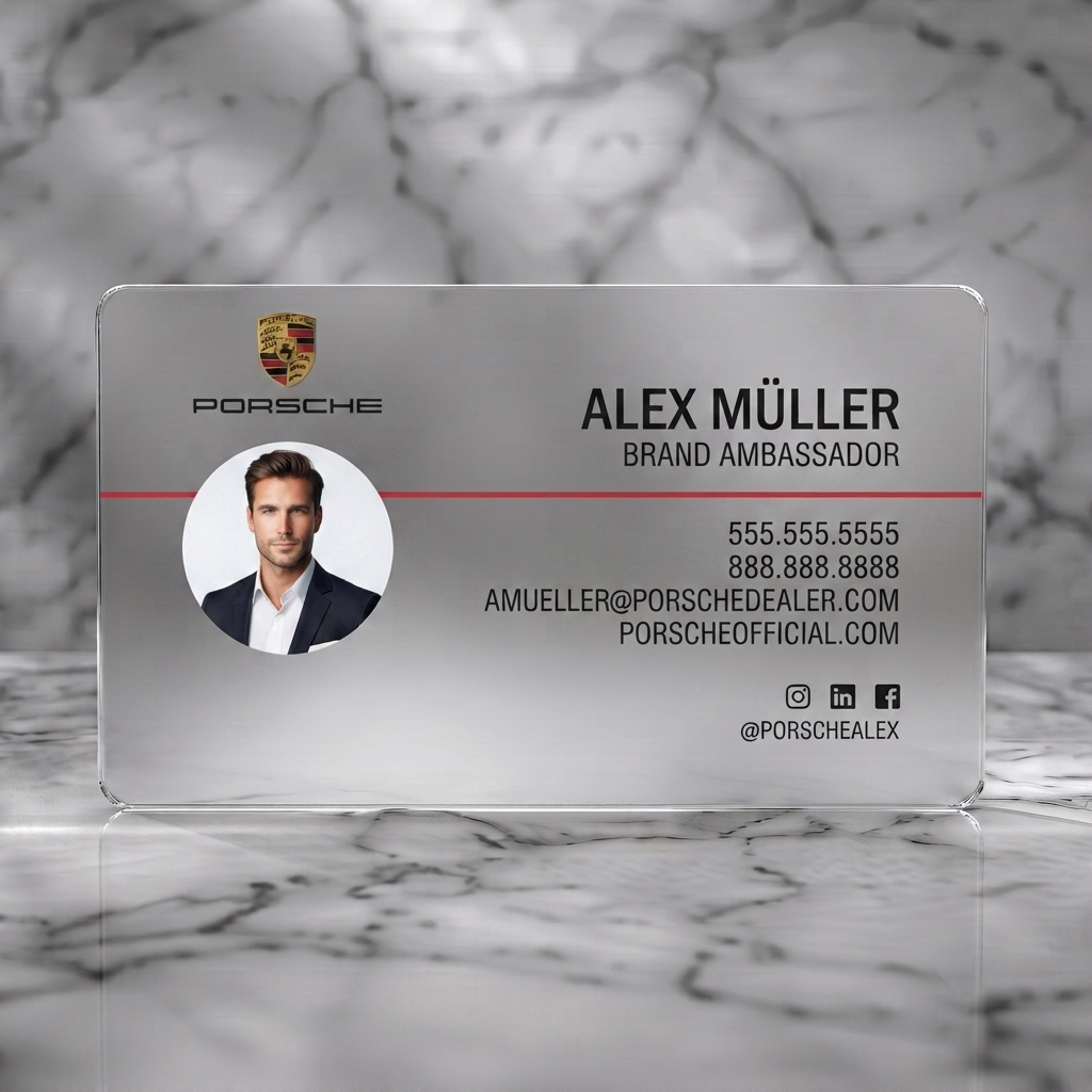 Frosted translucent plastic business card featuring a sleek black and dark gray layout, red accent line, white text, Porsche logo, profile photo, social icons