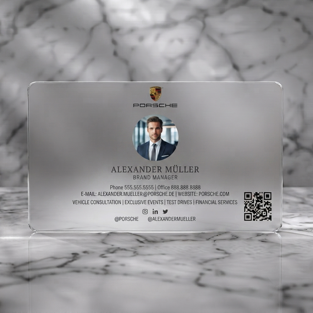 Frosted translucent plastic business card featuring a clean, professional layout with Porsche branding, elegant typography, social icons, and a QR code