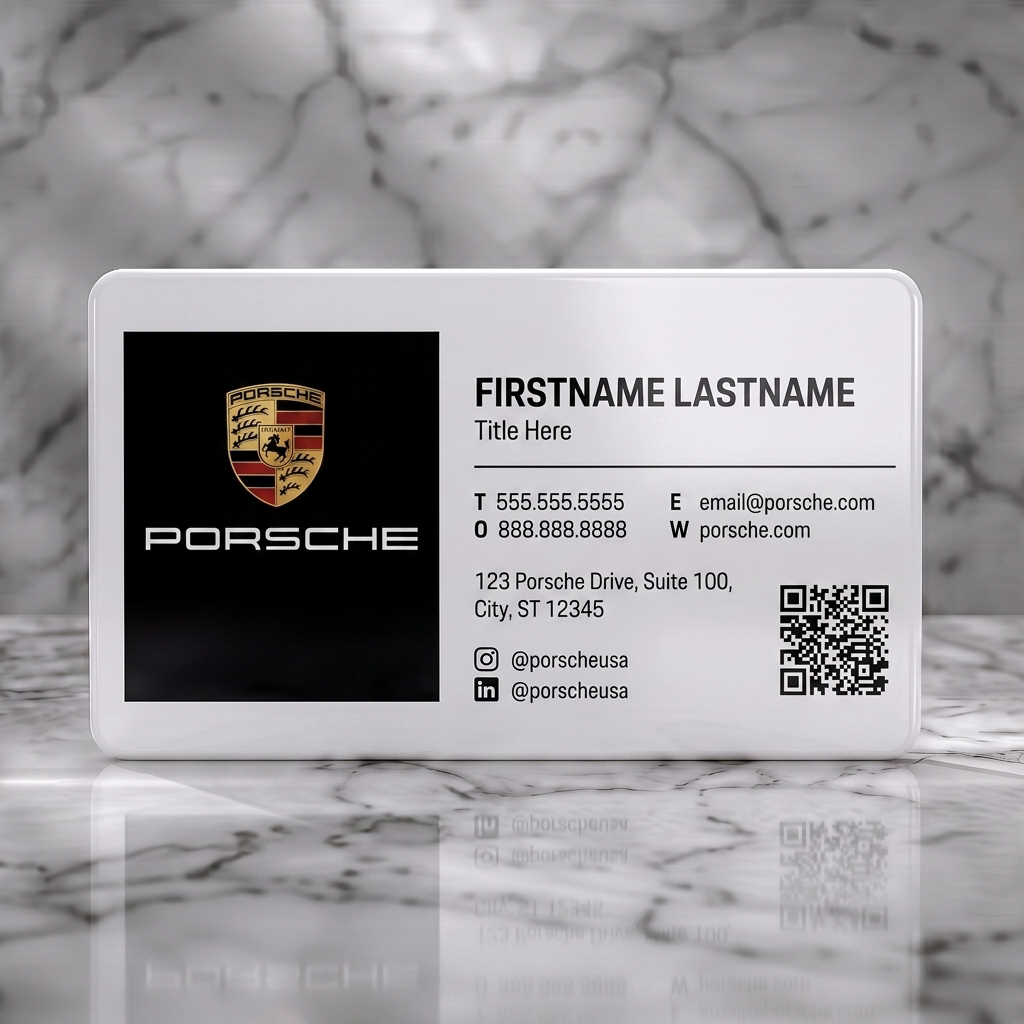 Solid white PVC business card featuring porsche logo, sleek black and white design, modern sans-serif typography, social media icons, and QR code