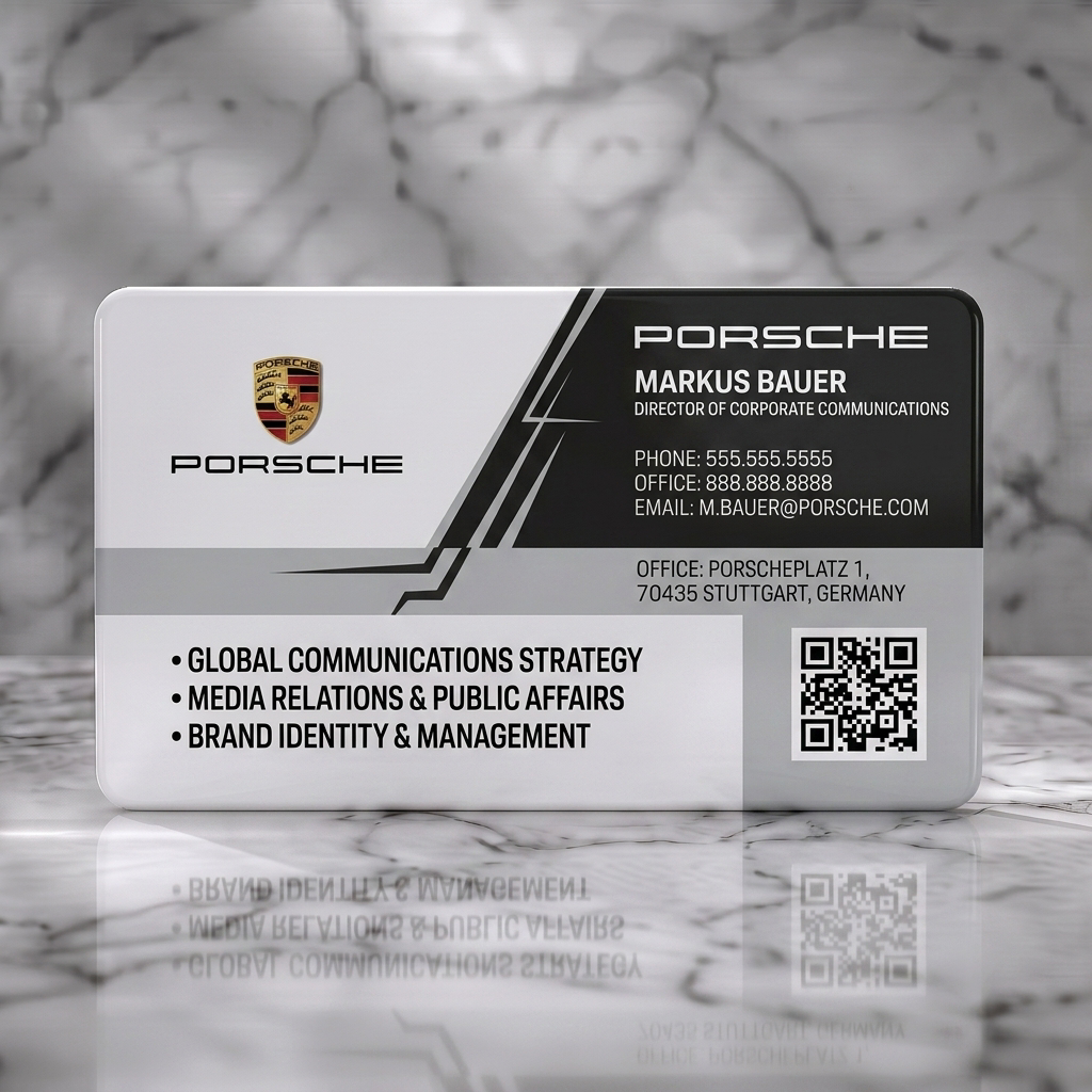 Solid white PVC business card featuring modern grey and white design with Porsche logos, clean typography, dynamic lines, and a QR code