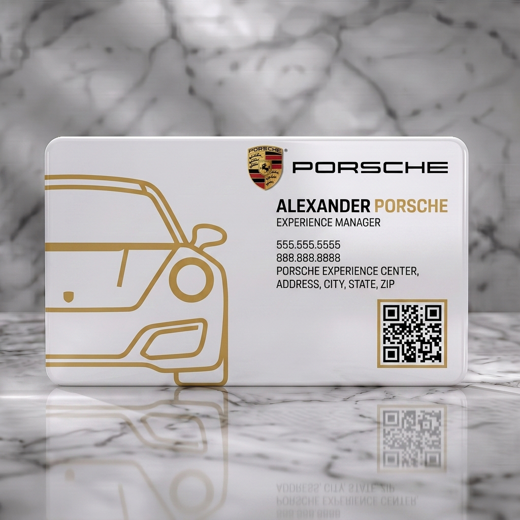 Solid white PVC business card featuring porsche logo, elegant gold outline car graphic, modern black & gold typography, and a QR code