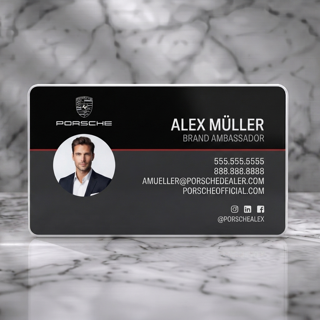 Solid white PVC business card featuring a sleek black and dark gray layout, red accent line, white text, Porsche logo, profile photo, social icons