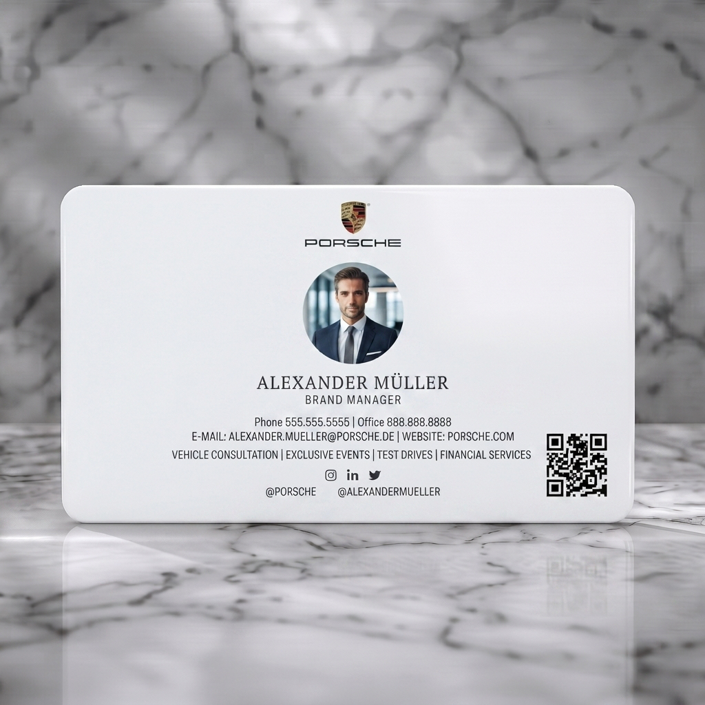 Solid white PVC business card featuring a clean, professional layout with Porsche branding, elegant typography, social icons, and a QR code