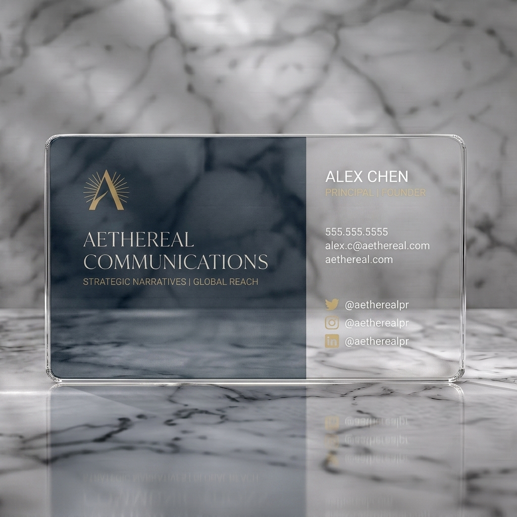 Clear plastic business card featuring a striking two-tone design: elegant gold logo on dark blue and white text/icons on vibrant pink