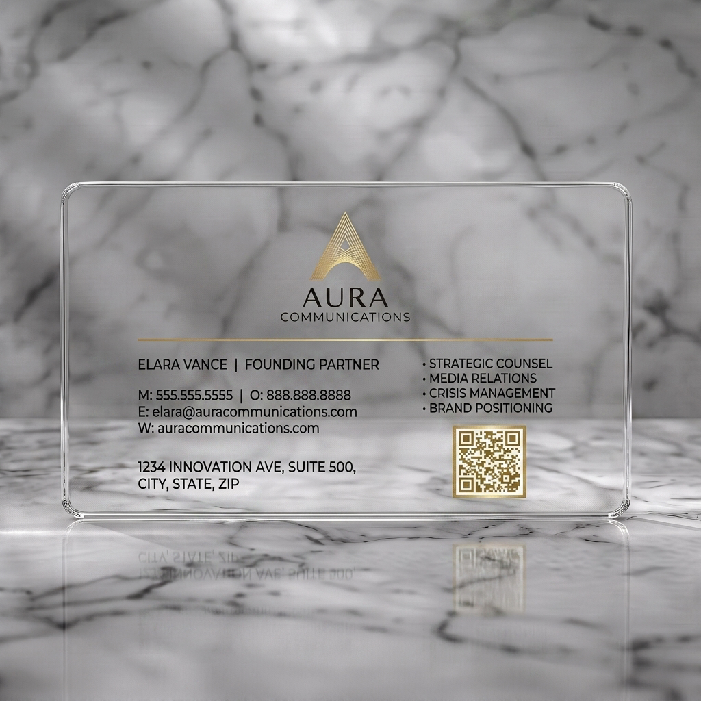 Clear plastic business card featuring elegant metallic geometric logo, modern sans-serif typography, and a QR code