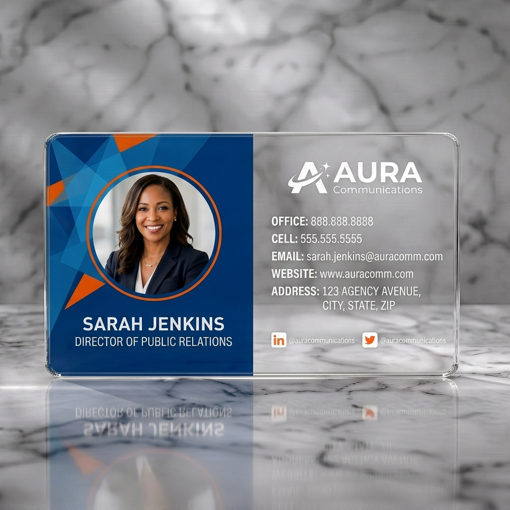 Clear plastic business card featuring geometric blue and orange pattern, professional portrait, sans-serif typography, modern logo, social icons