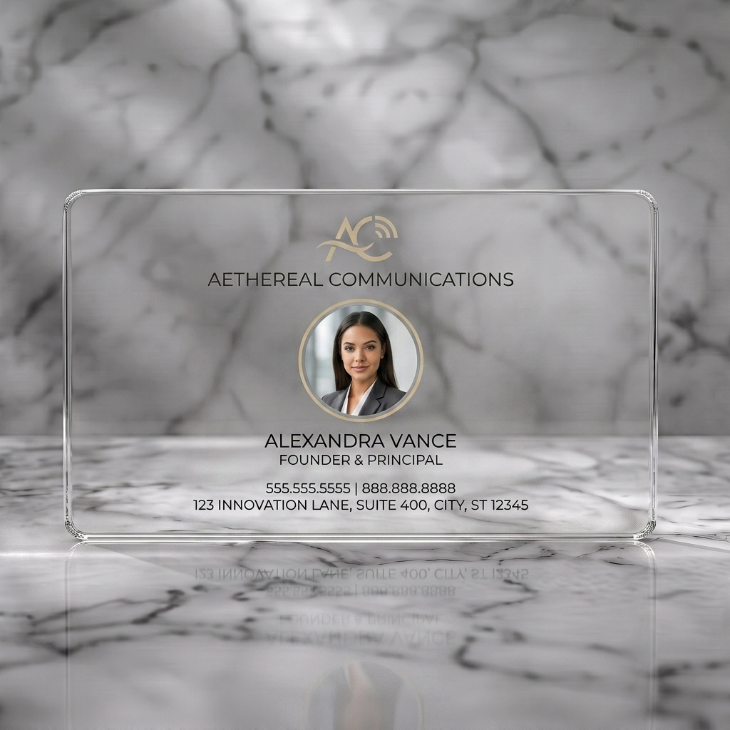 Clear plastic business card featuring a modern design featuring pale gold branding, sans-serif typography, a signal logo, and a circular photo