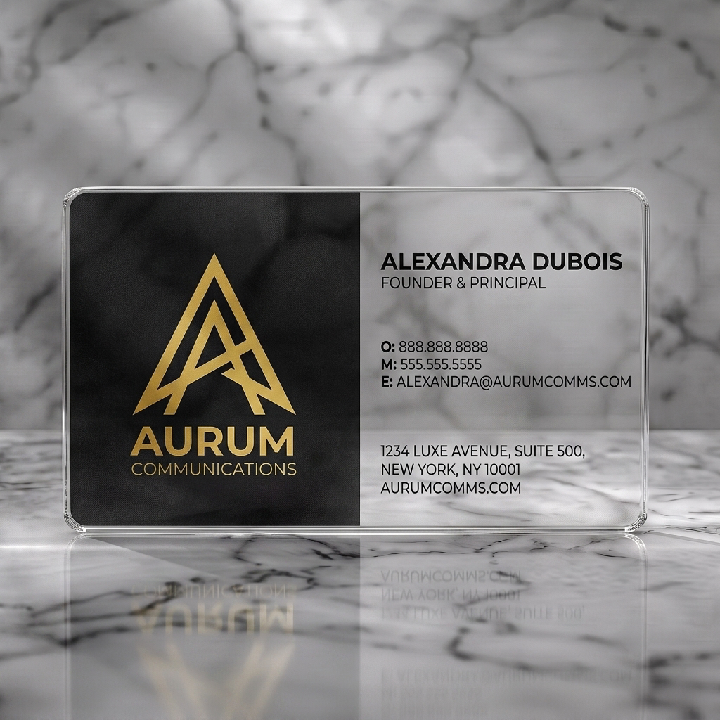 Clear plastic business card featuring gold geometric A-logo, sans-serif typography in black, and a clean, minimalist split design