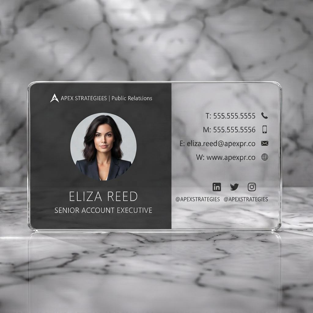Clear plastic business card featuring a modern split design, charcoal and white palette, sans-serif typography, professional photo, social icons