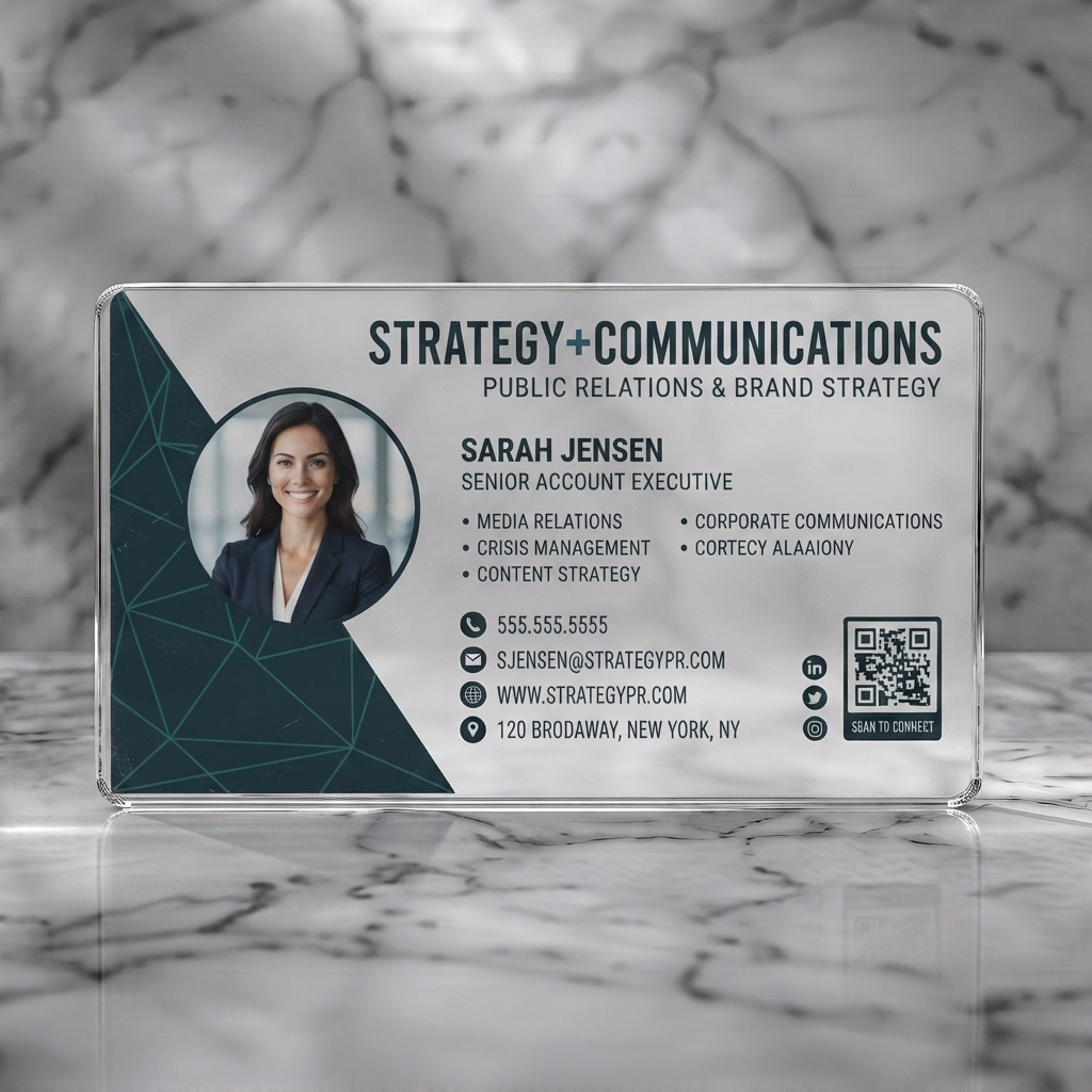 Clear plastic business card featuring geometric pattern in dark teal, accent green, modern sans-serif typography, photo, and essential icons