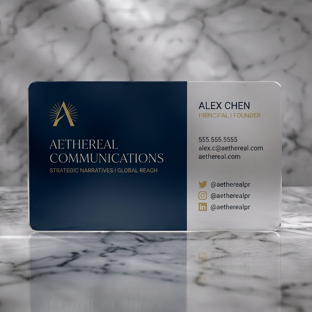 Frosted translucent plastic business card featuring a striking two-tone design: elegant gold logo on dark blue and white text/icons on vibrant pink