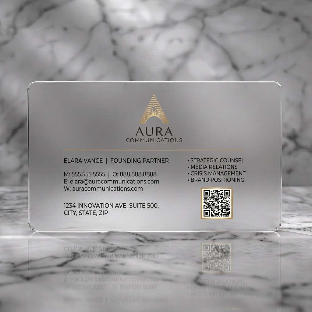Frosted translucent plastic business card featuring elegant metallic geometric logo, modern sans-serif typography, and a QR code