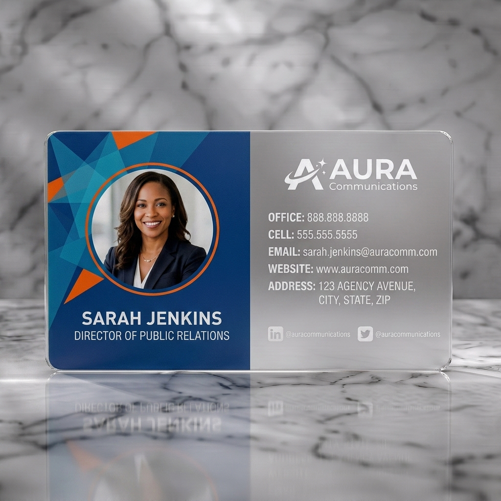Frosted translucent plastic business card featuring geometric blue and orange pattern, professional portrait, sans-serif typography, modern logo, social icons