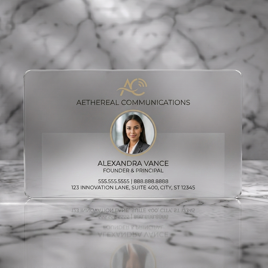 Frosted translucent plastic business card featuring a modern design featuring pale gold branding, sans-serif typography, a signal logo, and a circular photo