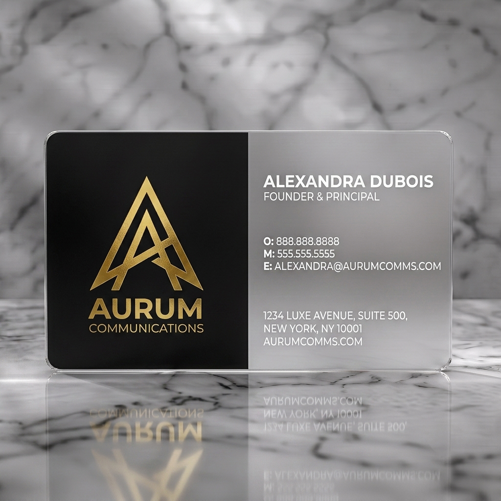 Frosted translucent plastic business card featuring gold geometric A-logo, sans-serif typography in black, and a clean, minimalist split design