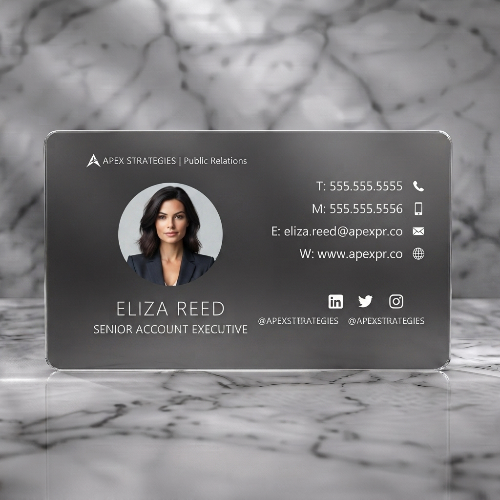 Frosted translucent plastic business card featuring a modern split design, charcoal and white palette, sans-serif typography, professional photo, social icons