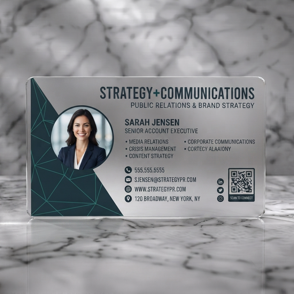 Frosted translucent plastic business card featuring geometric pattern in dark teal, accent green, modern sans-serif typography, photo, and essential icons