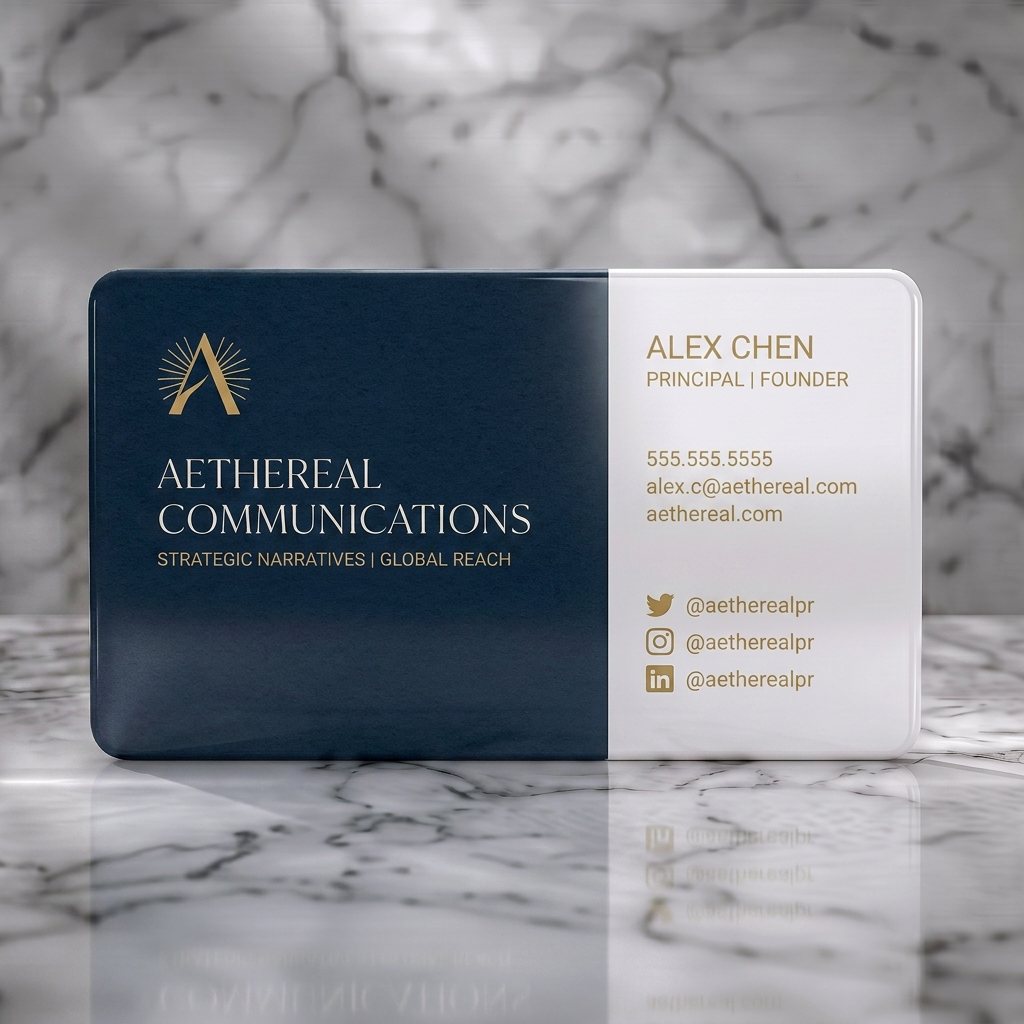 Solid white PVC business card featuring a striking two-tone design: elegant gold logo on dark blue and white text/icons on vibrant pink