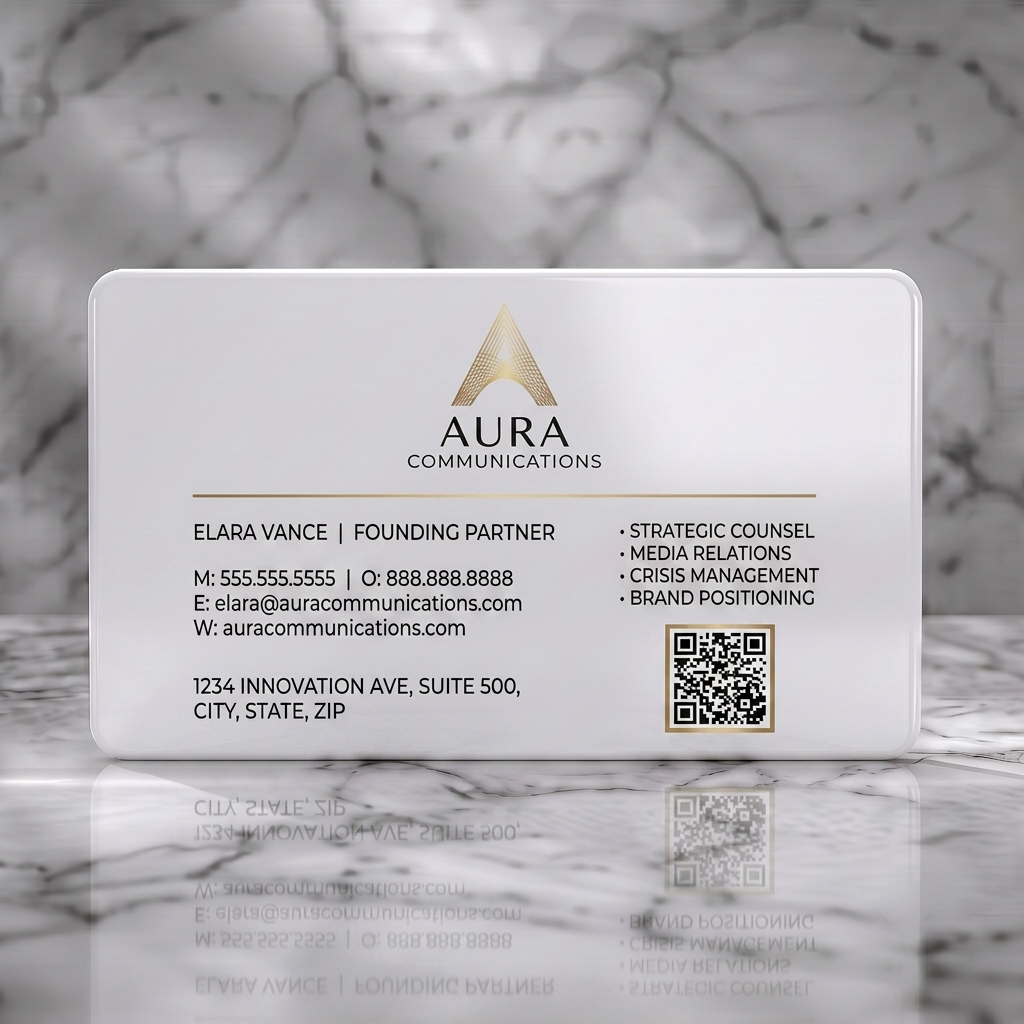 Solid white PVC business card featuring elegant metallic geometric logo, modern sans-serif typography, and a QR code