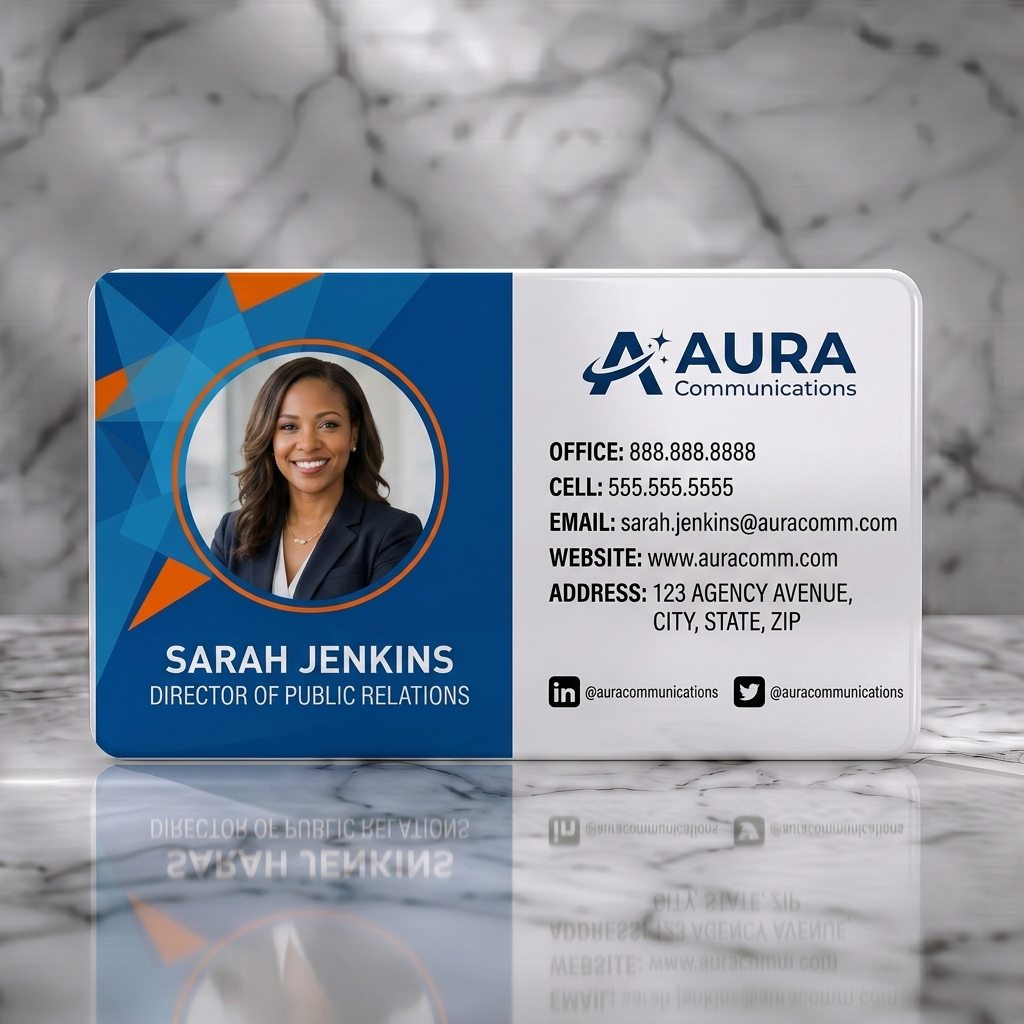 Solid white PVC business card featuring geometric blue and orange pattern, professional portrait, sans-serif typography, modern logo, social icons