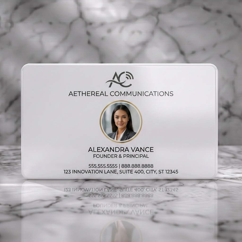 Solid white PVC business card featuring a modern design featuring pale gold branding, sans-serif typography, a signal logo, and a circular photo